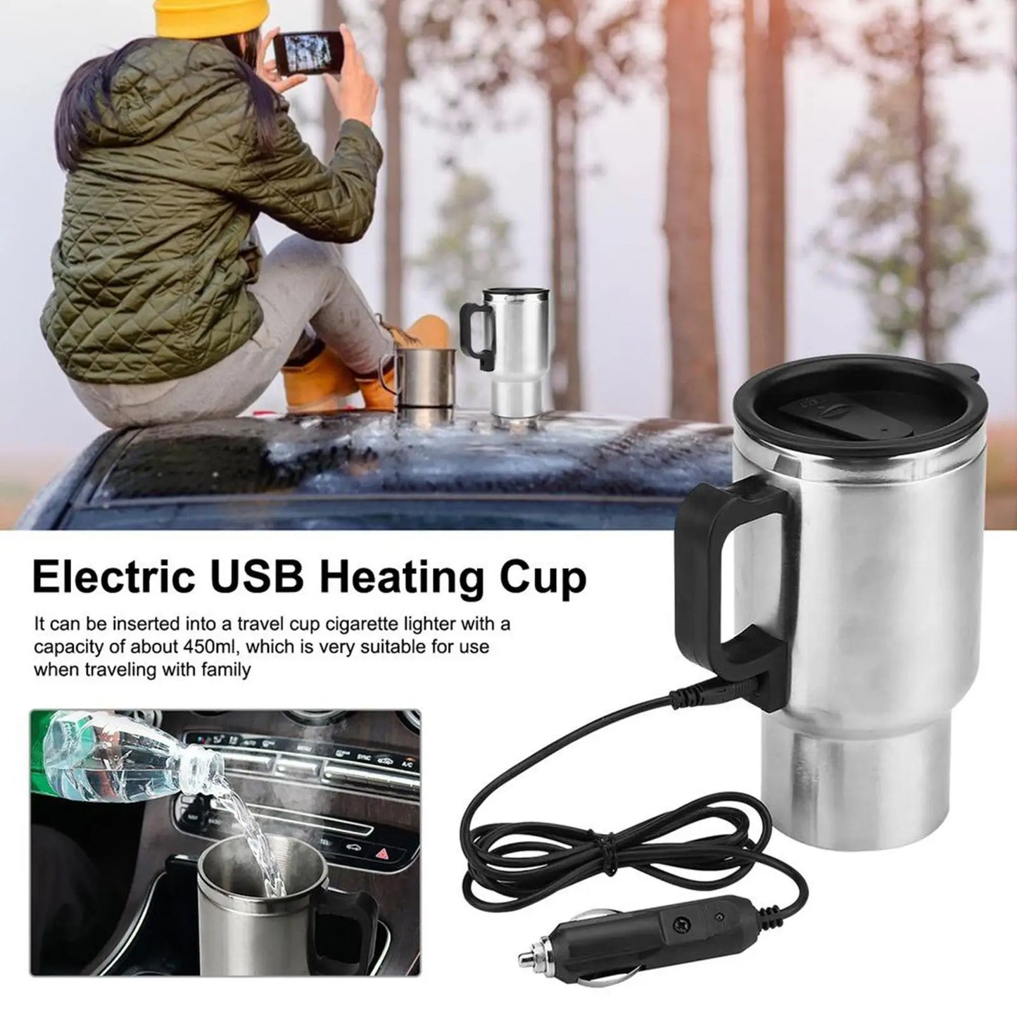 USB automobilinis šildomas puodelis